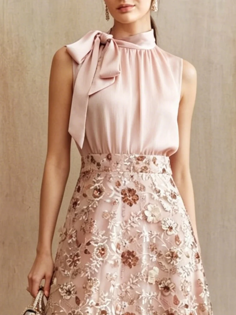 Pink Bow Embroidery Classic Mock Neck Sleeveless A-Line Maxi Dress