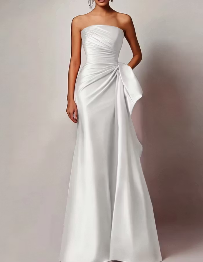 Strapless Pleated Satin Maxi Dress