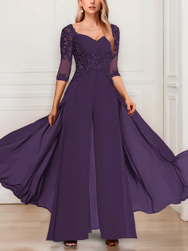Solid Color Chiffon V-Neck Half Sleeve Mother of the Bride Jumpsuit