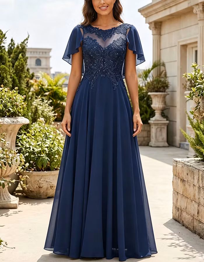 Navy Blue Illusion Neck Beaded Lace Empire Waist Chiffon Maxi Dress