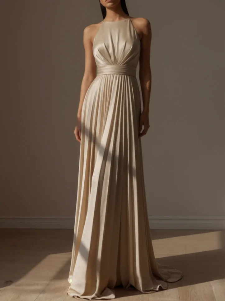 Light Khaki Pleated Satin Halter Neck Sleeveless A-Line Gown Dress