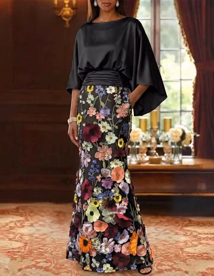 Champagne Satin Capelet & Colorful 3D Floral Mermaid Maxi Dress