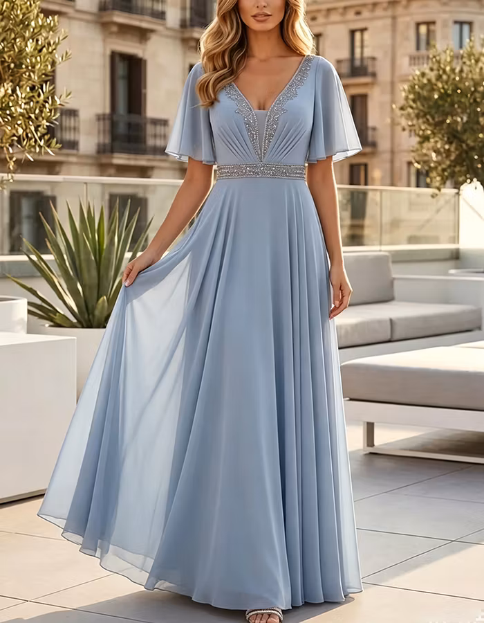 Dusty Blue Sequined Flutter Sleeve Chiffon Maxi Dress