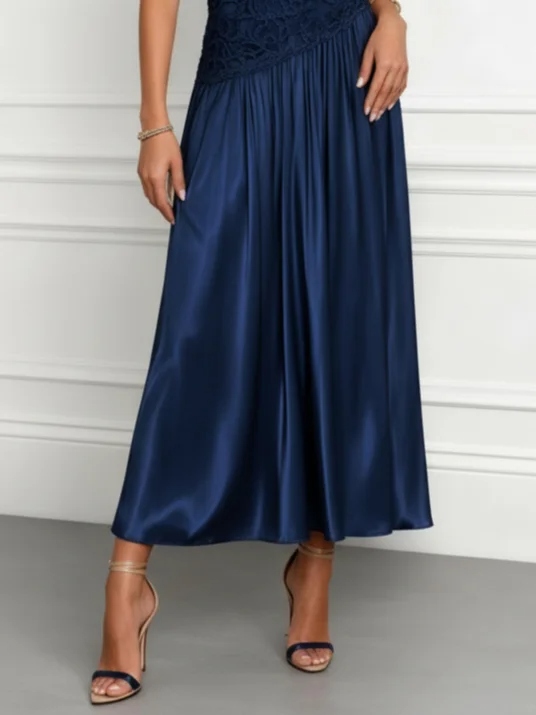 Navy Blue Lace Satin Crew Neck Sleeveless A-Line Maxi Dress