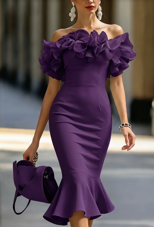Chiffon Ruffle Waist-Cinching Hip-Hugging Fishtail Midi Dress