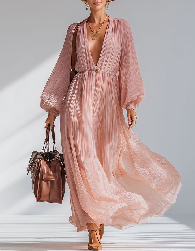 Pink Chiffon Deep V-Neck Puff Sleeves Maxi Dress