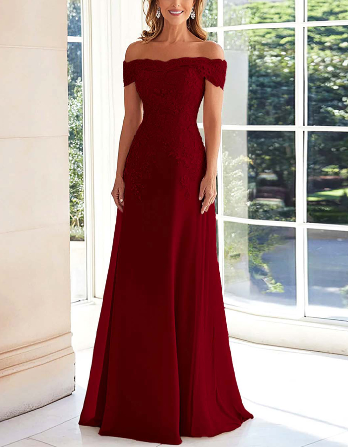 Solid Color Off Shoulder Lace Embroidered Full Maxi Dress