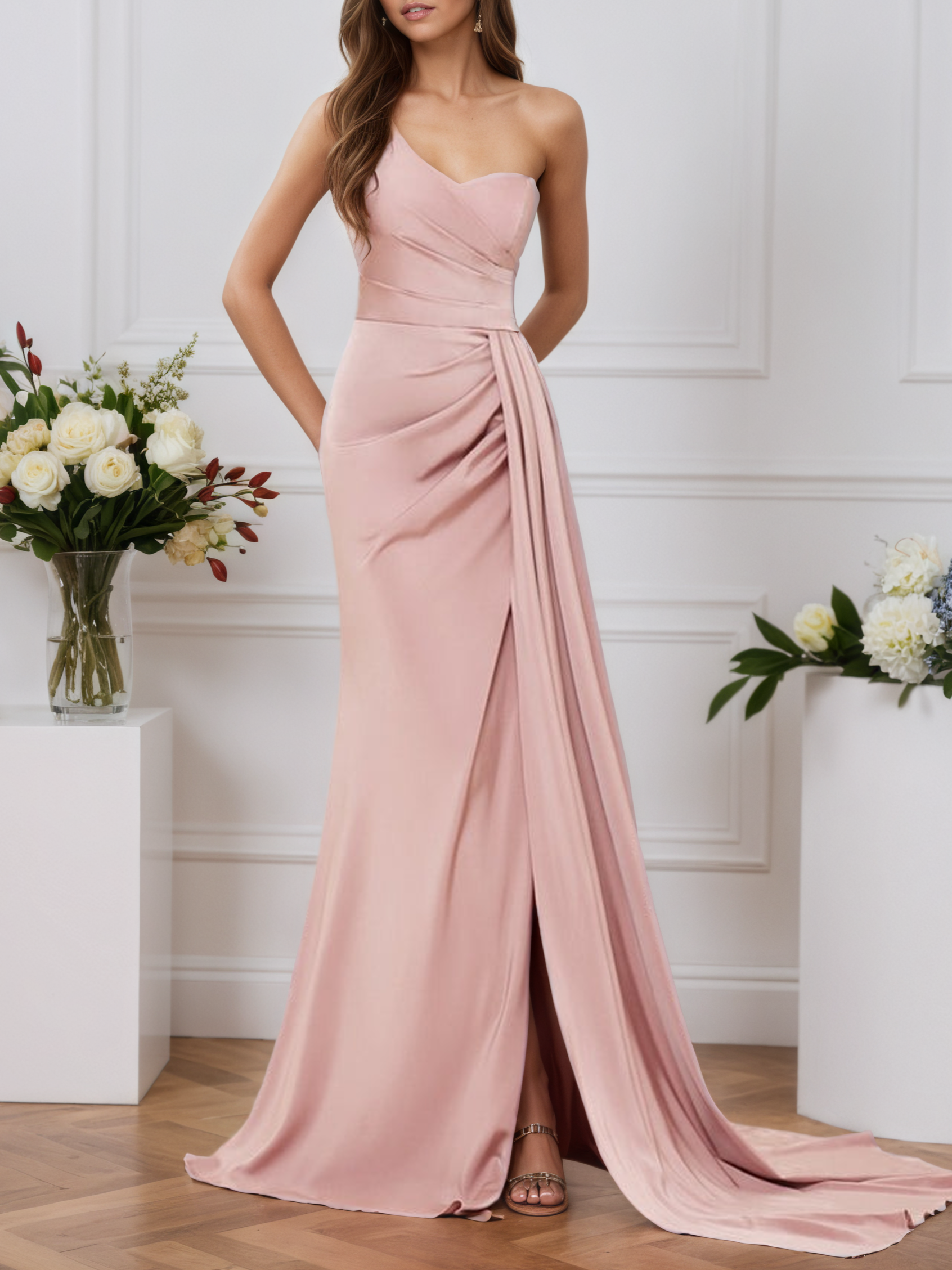 Dusty Rose Sheath/Column One-Shoulder Sweetheart Long Formal Dresses with Split Side