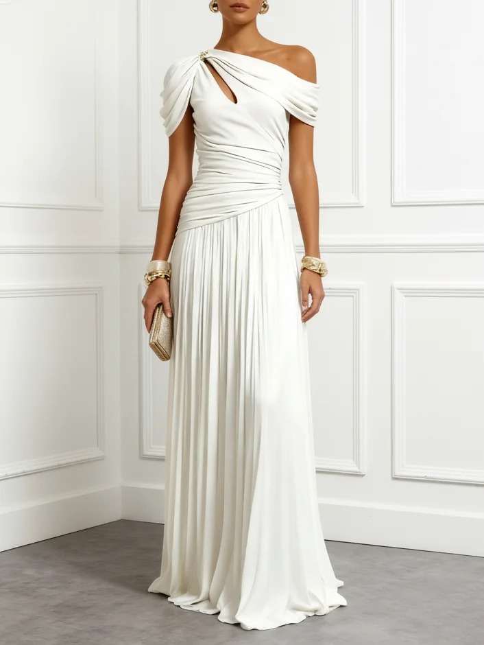 White Ruched Cut Out Knit Asymmetrical Short Sleeve A-Line Gown Dress