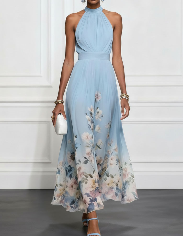 Light Blue Chiffon Halter Neck Maxi Dress