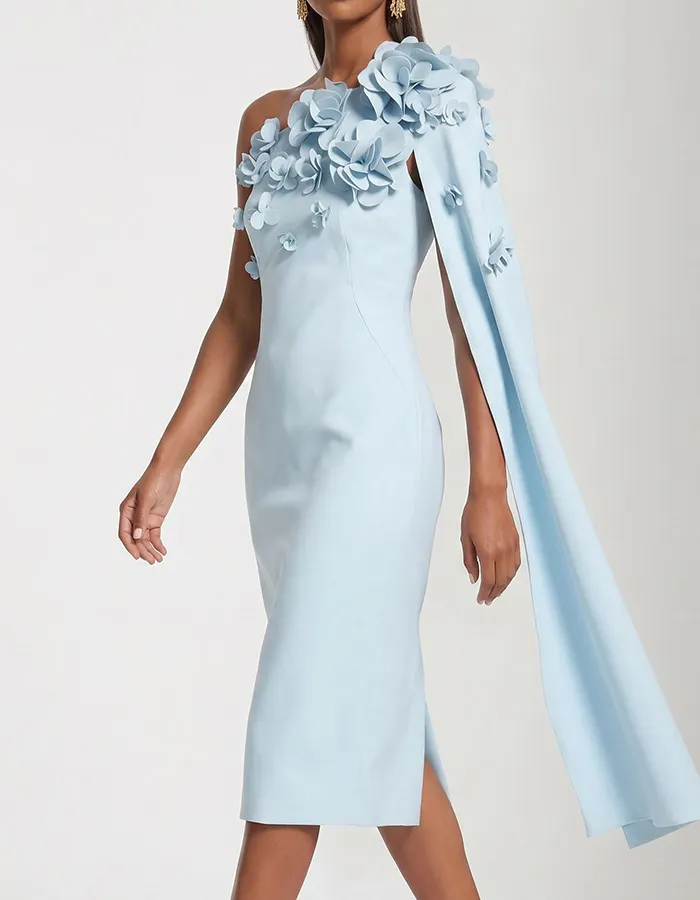 Light Blue One-Shoulder Floral Appliqué Cape Sleeve Midi Dress