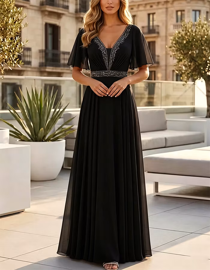 Dusty Blue Sequined Flutter Sleeve Chiffon Maxi Dress