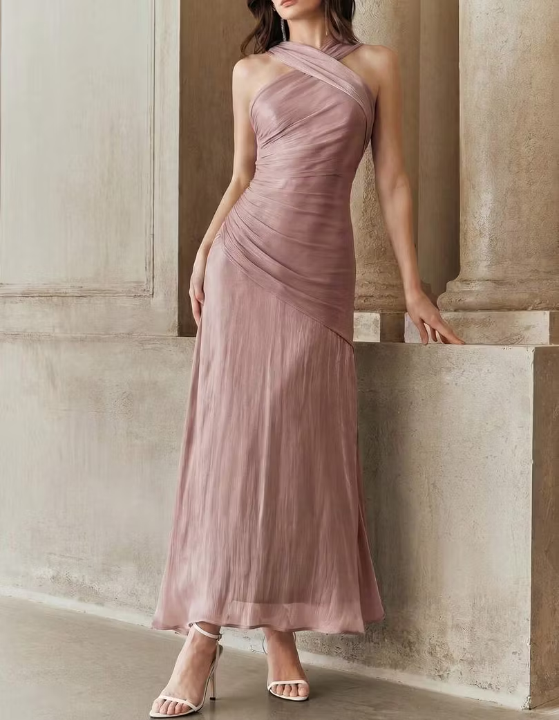 Chiffon Halter Neck Fitted Waist Maxi Dress