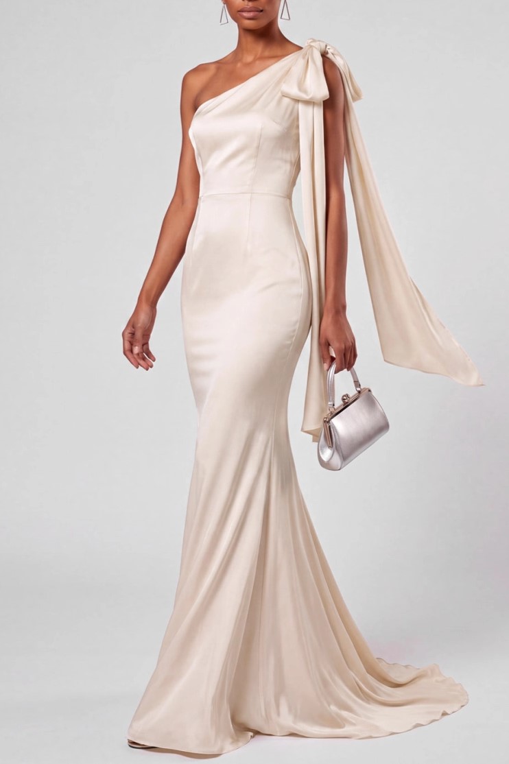 Champagne One Shoulder Mermaid with Sash Maxi Dress