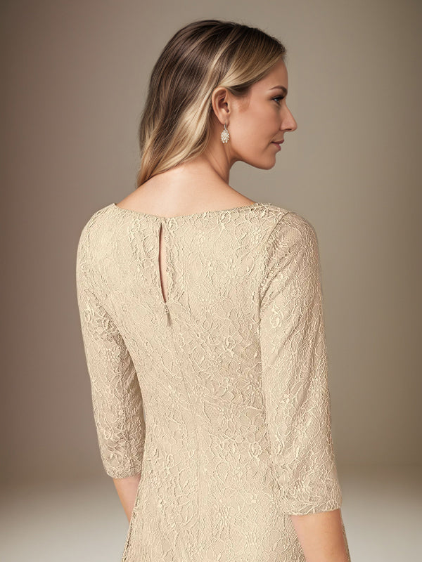 Champagne Sheath/Column Lace Boat Neck 3/4 Sleeves Knee Length Dress With Slit
