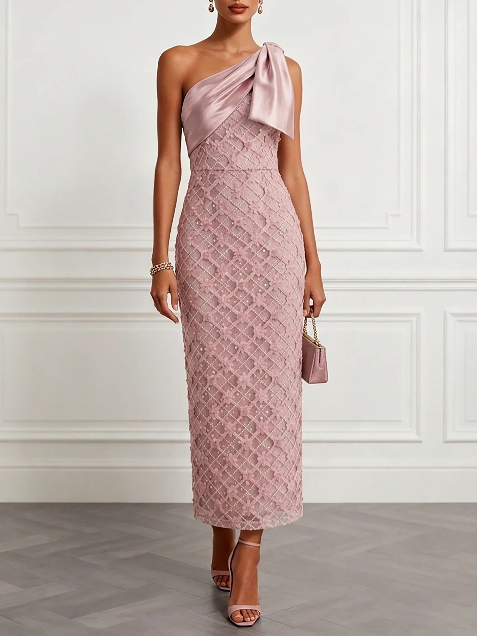 Pink One-Shoulder Satin Bow 3D Floral Sheath Maxi Dress