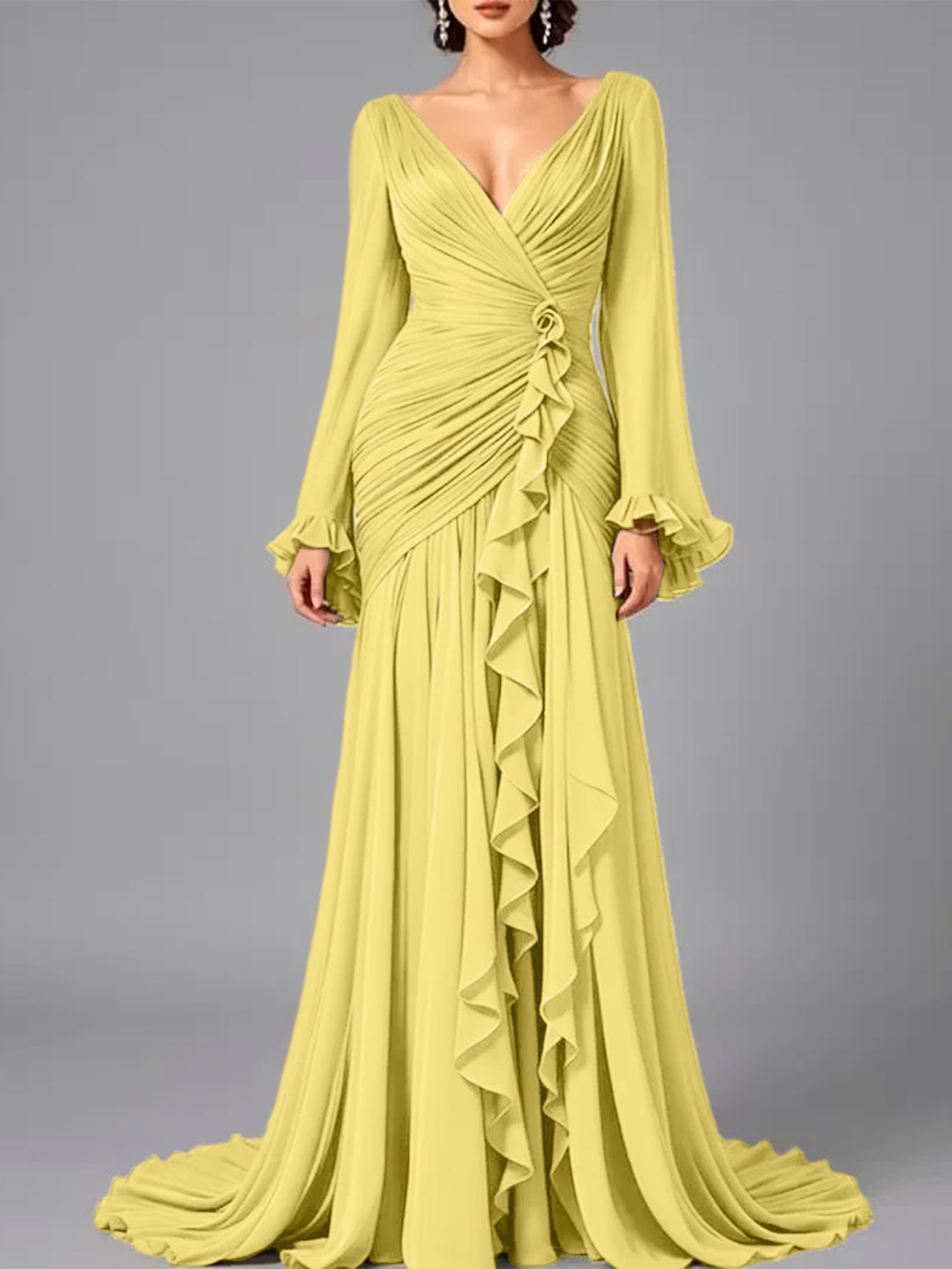V-Neck Sheer Long Sleeve Ruffled Chiffon Dress