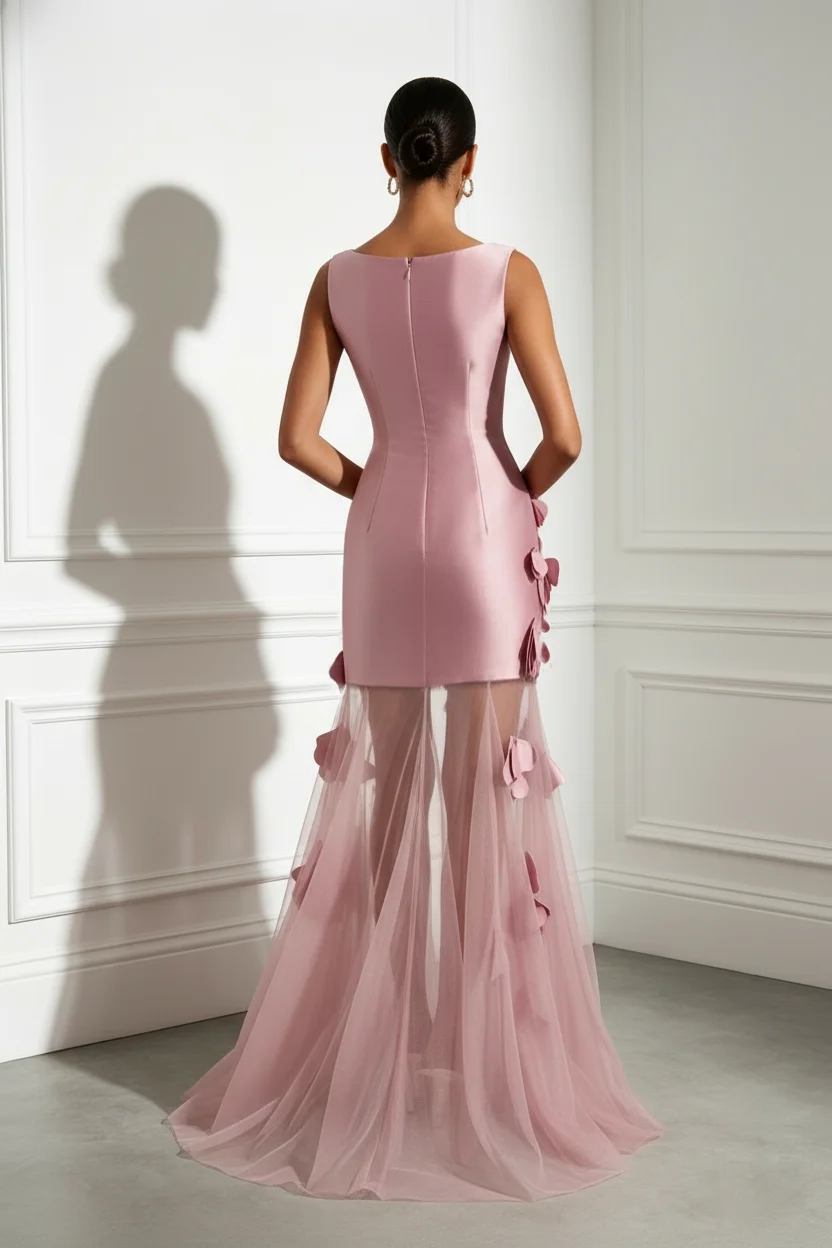 Pink 3D Floral Mesh Satin Boat Neck Sleeveless A-Line Floor-length Gown Dress