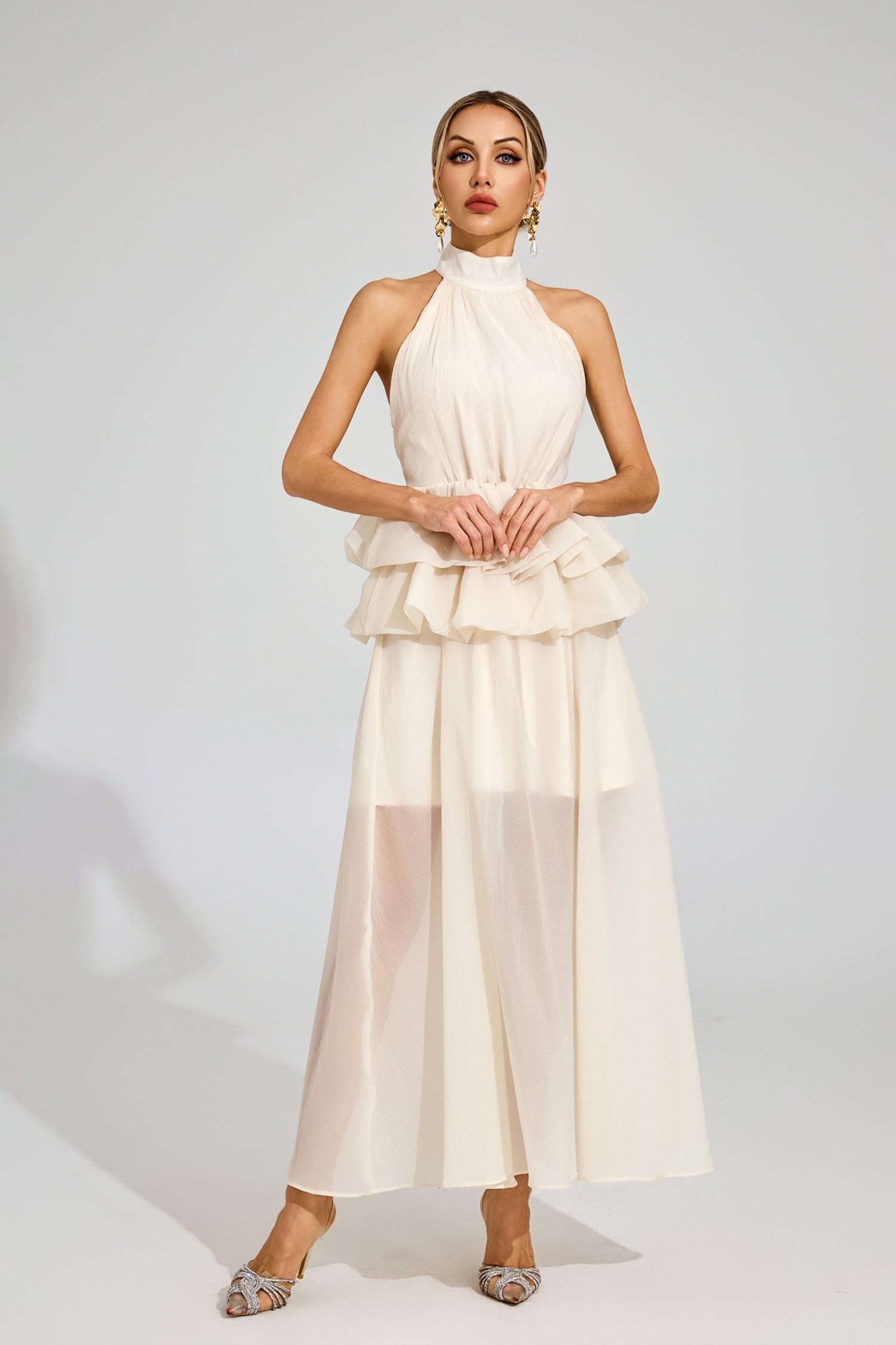 Apricot Halter Maxi Ruffle Dress