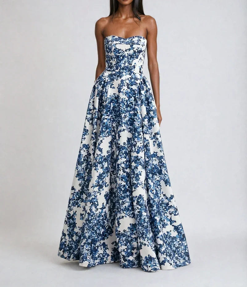 Formal Blue Floral Strapless Gown for Galas & Weddings