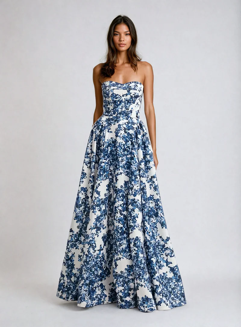Formal Blue Floral Strapless Gown for Galas & Weddings