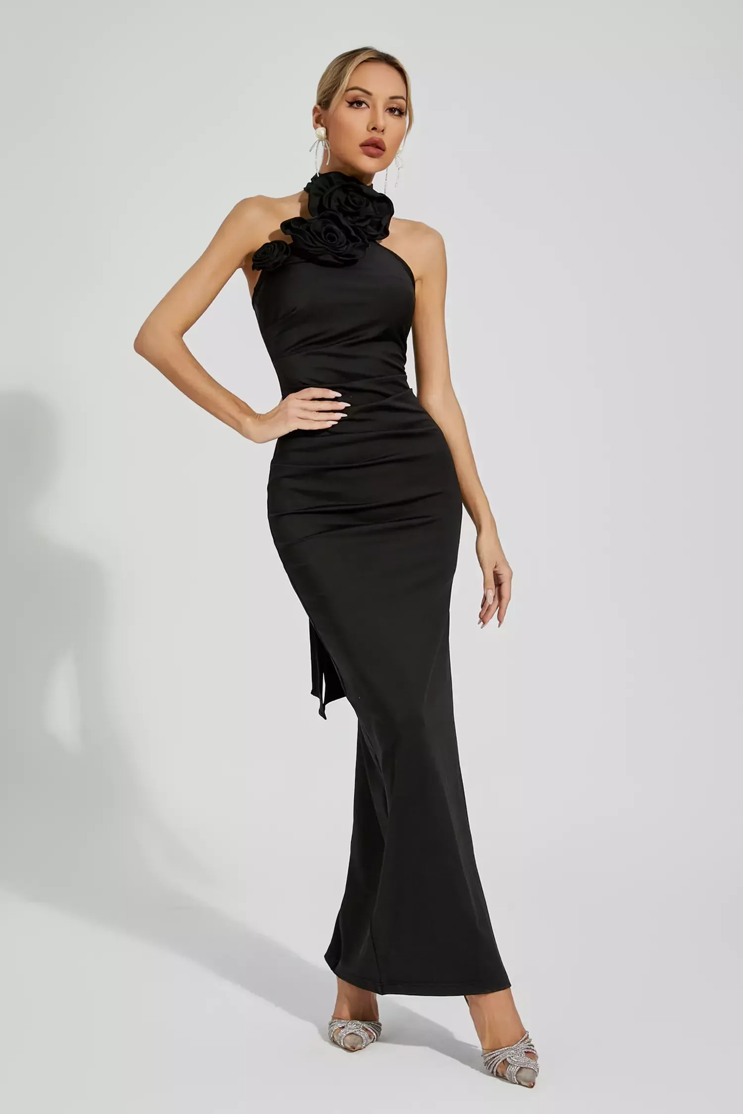 Black Floral Ruched Halter Maxi Dress