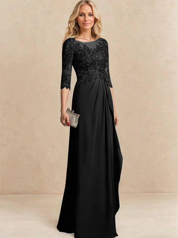 A-line Scoop Illusion Floor-Length Chiffon Lace Mother of the Bride Dress With Beading Sequins Cascading Ruffles