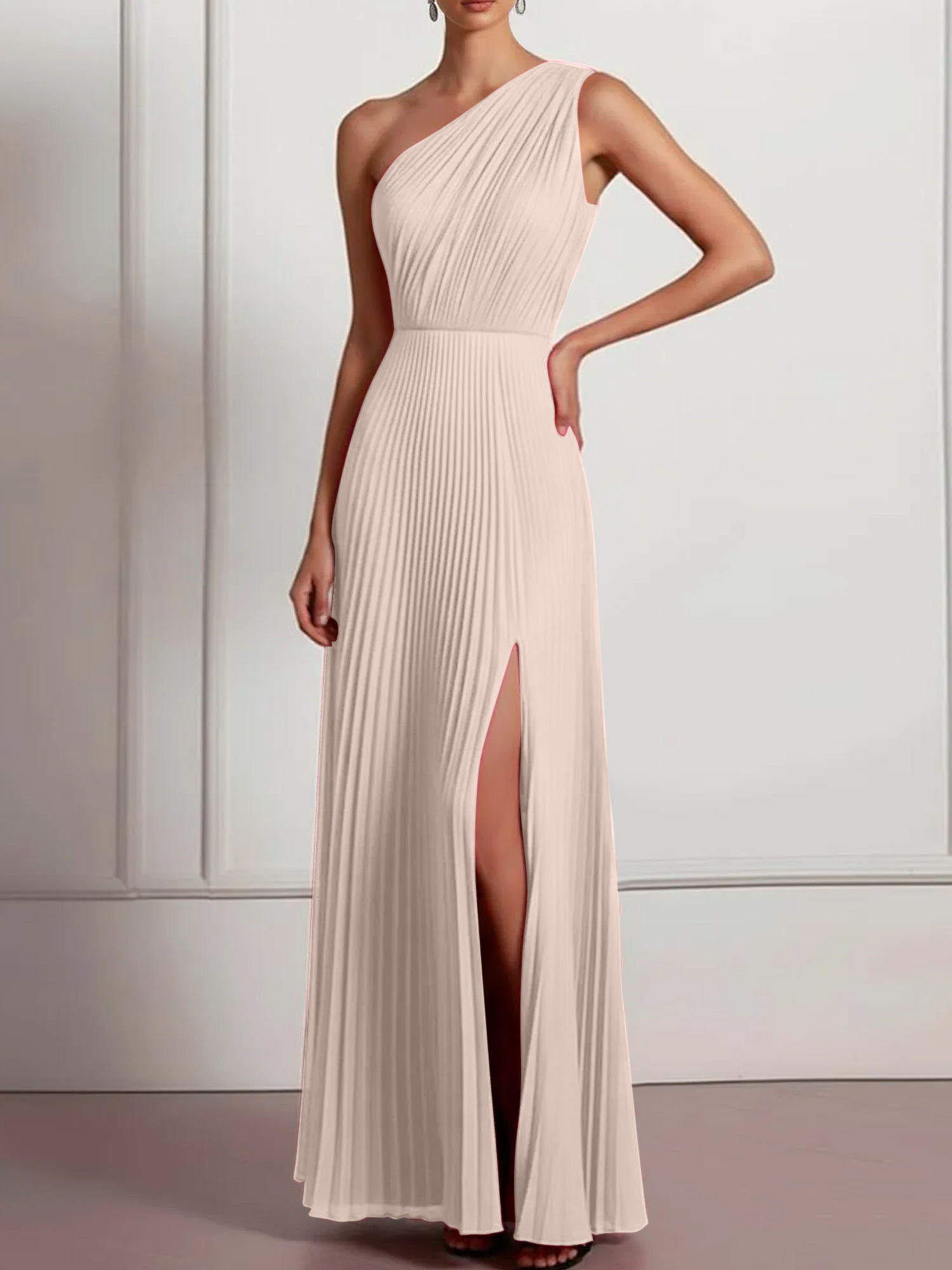 Blush Formal Party Dress One Shoulder Pleated Maxi Dress with Slit