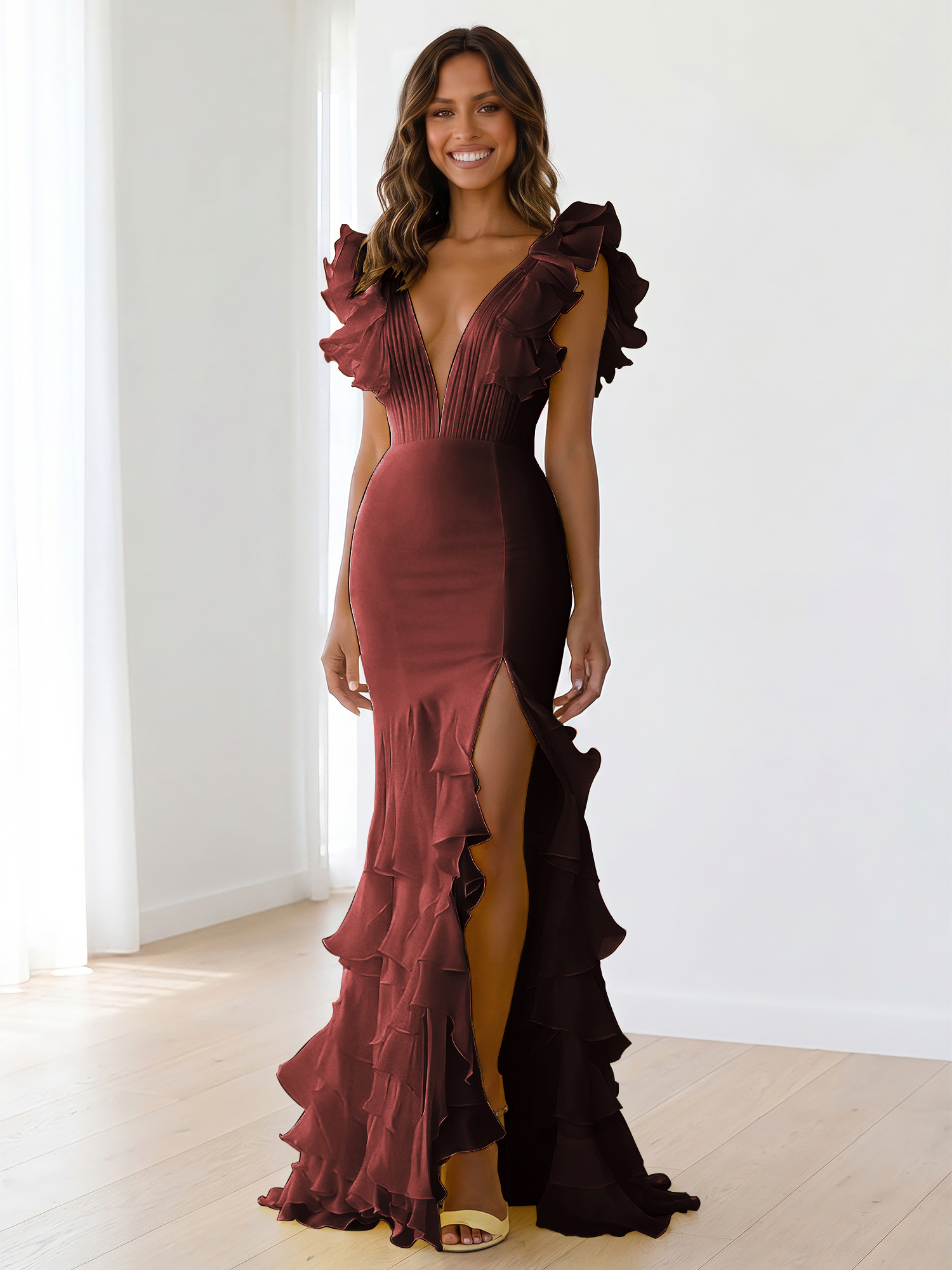 Yellow Chiffon V Neck Mermaid Ruffled Maxi Formal Dress with Slit