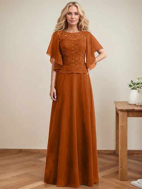A-line Scoop Illusion Floor-Length Lace Chiffon Mother of the Bride Dress With Sequins