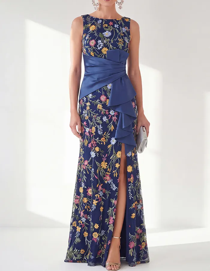 Navy Blue Floral Embroidered Satin Waist Ruffle Maxi Dress