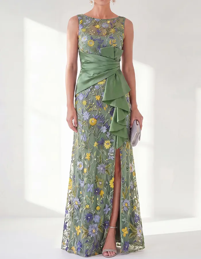 Navy Blue Floral Embroidered Satin Waist Ruffle Maxi Dress