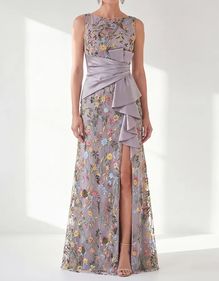 Navy Blue Floral Embroidered Satin Waist Ruffle Maxi Dress