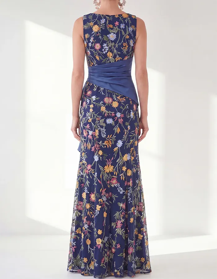 Navy Blue Floral Embroidered Satin Waist Ruffle Maxi Dress