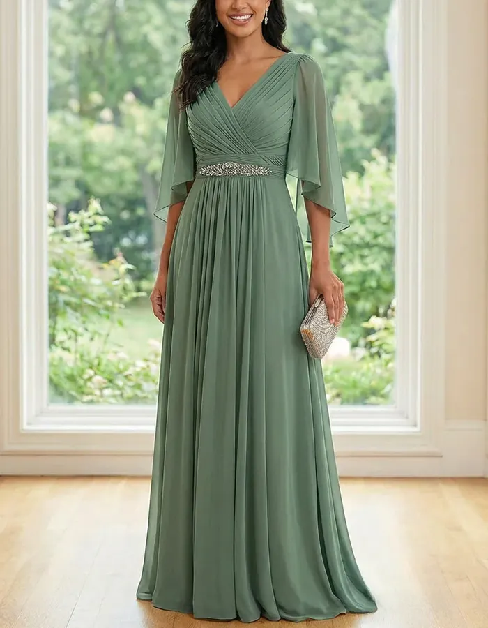 Sage Green Chiffon V-Neck Cape Sleeve A-Line Maxi Dress