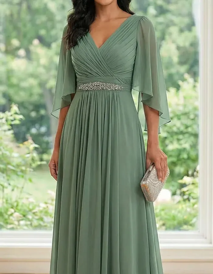 Sage Green Chiffon V-Neck Cape Sleeve A-Line Maxi Dress