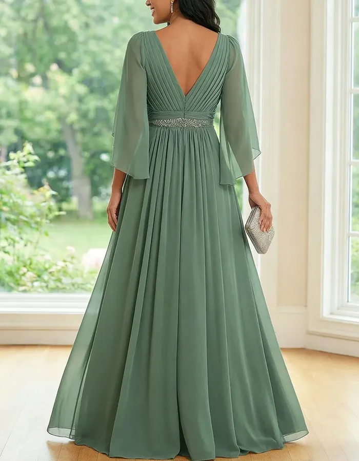 Sage Green Chiffon V-Neck Cape Sleeve A-Line Maxi Dress