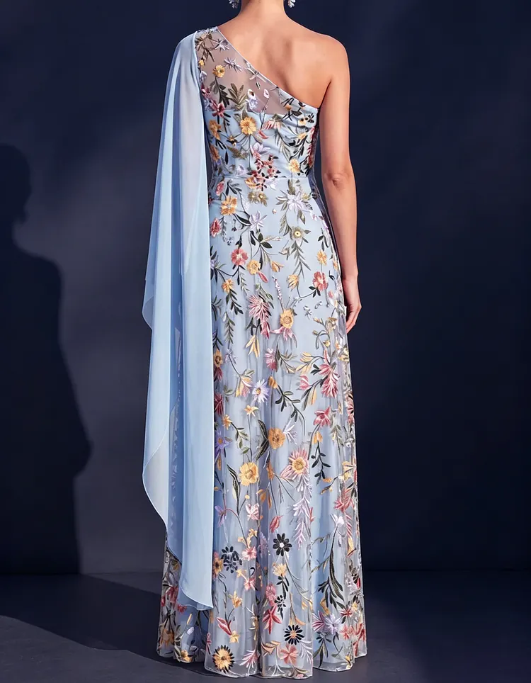 One-Shoulder Chiffon Lace Embroidered Mesh Maxi Dress