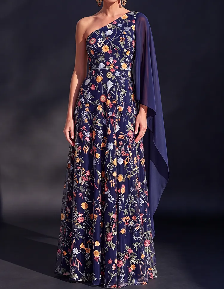 One-Shoulder Chiffon Lace Embroidered Mesh Maxi Dress