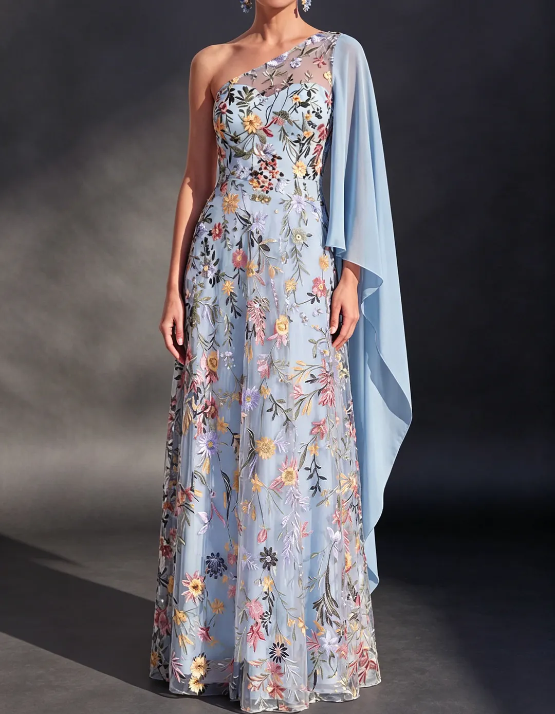 One-Shoulder Chiffon Lace Embroidered Mesh Maxi Dress