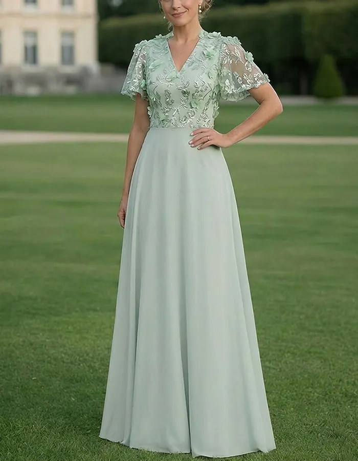 Mint Green V-Neck Lace Flutter Sleeves Maxi Dress