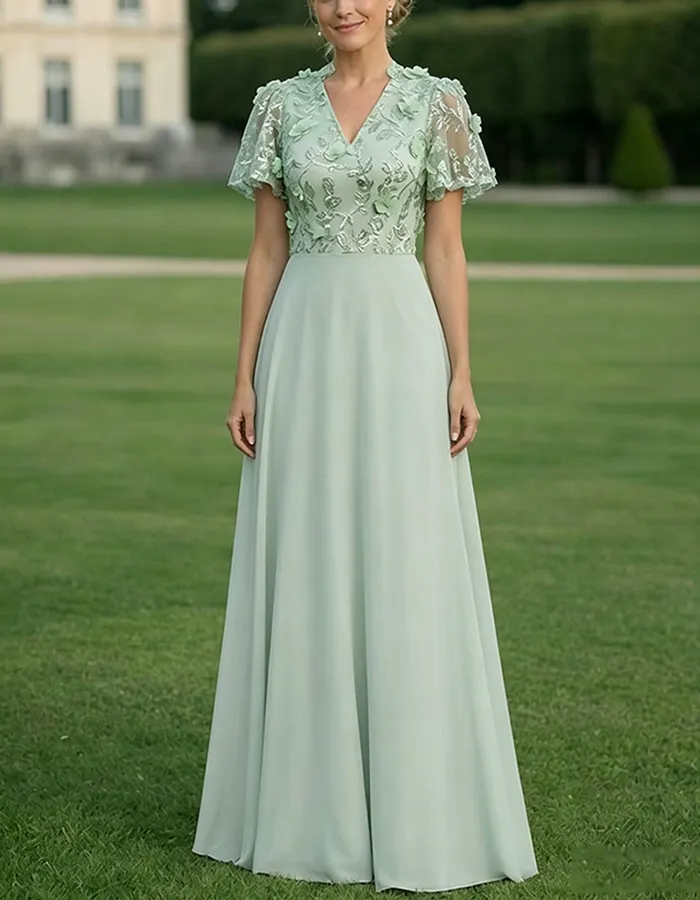 Mint Green V-Neck Lace Flutter Sleeves Maxi Dress