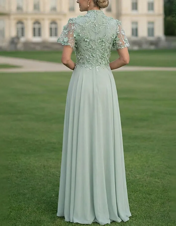 Mint Green V-Neck Lace Flutter Sleeves Maxi Dress