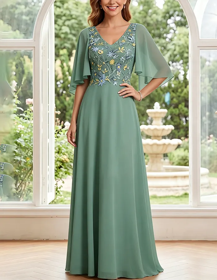 Sage Green V-Neck Chiffon Cape Sleeve Maxi Dress
