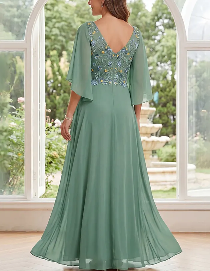 Sage Green V-Neck Chiffon Cape Sleeve Maxi Dress