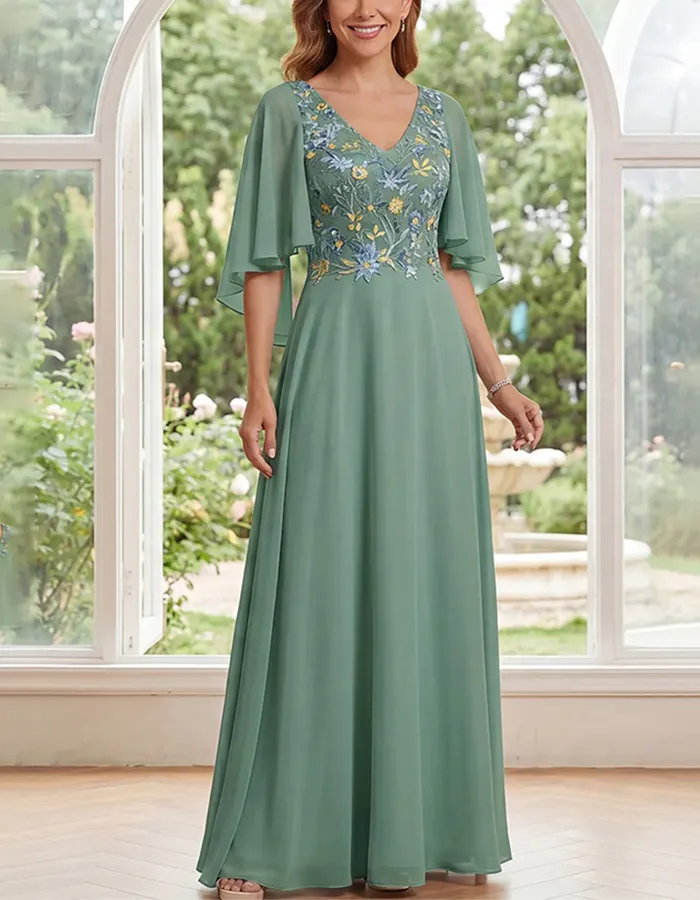 Sage Green V-Neck Chiffon Cape Sleeve Maxi Dress