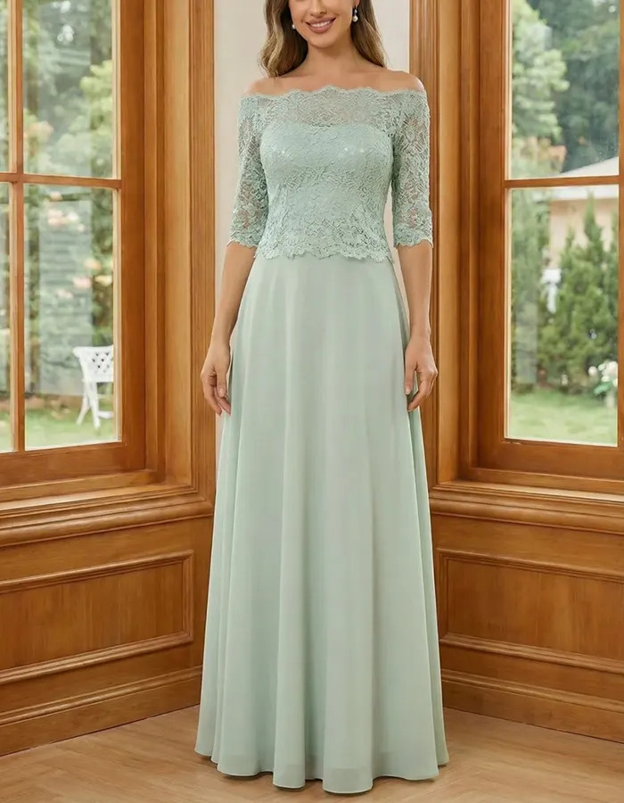 Sage Green Off-the-Shoulder Lace & Chiffon Maxi Dress