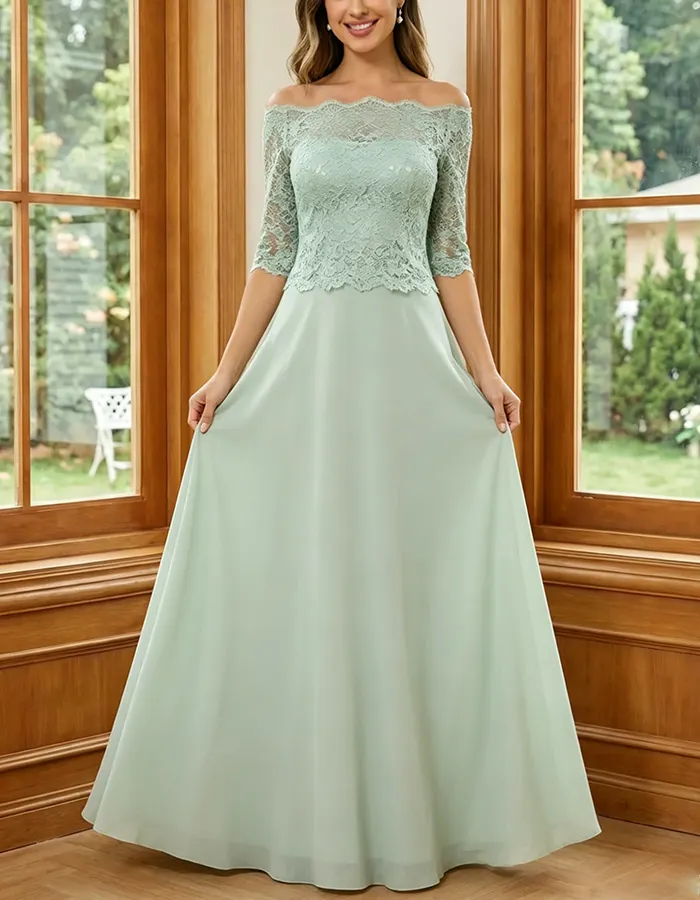 Sage Green Off-the-Shoulder Lace & Chiffon Maxi Dress