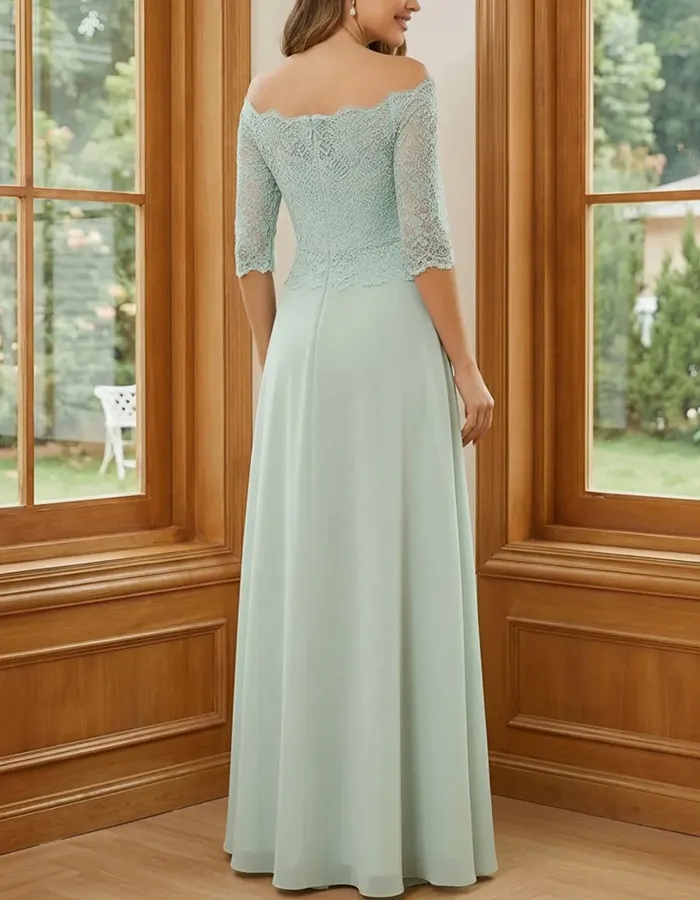 Sage Green Off-the-Shoulder Lace & Chiffon Maxi Dress