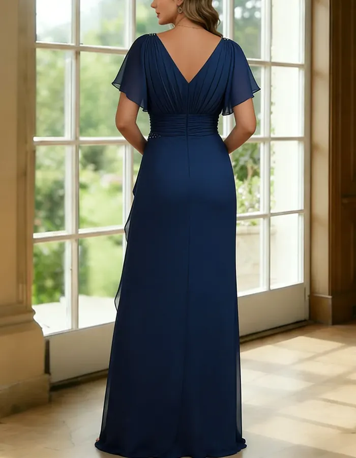 Navy Blue V-Neck Chiffon Flutter Sleeve Maxi Dress